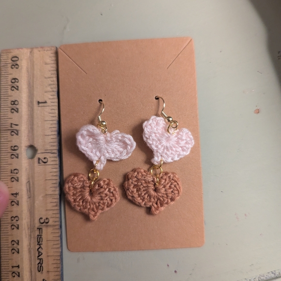 NEW 💖Crochet Heart Earrings in Pink and Tan - Picture 2 of 7